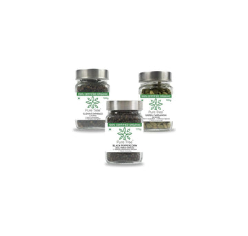 Pure Tree Certified Organic Cloves 100g, Green Cardamom 100g, Black Pepper 175g |