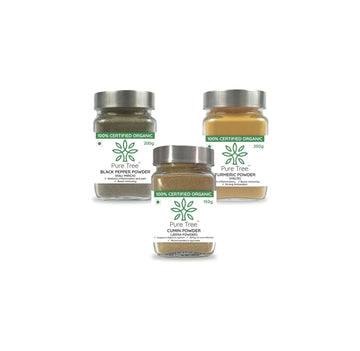 Pure Tree Certified Organic Black Pepper 200g, Turmeric 200g, Cumin Powder 150g |