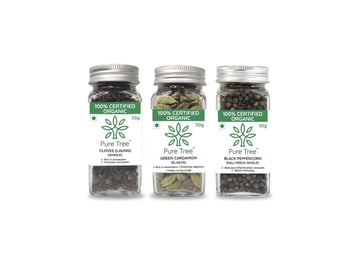 Pure Tree Certified Organic Cloves 50g, Green Cardamom 40g, Black Pepper 65g |