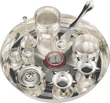 BENGALEN Pooja thali Set Silver Plated with 8 Inch Plate Bowl