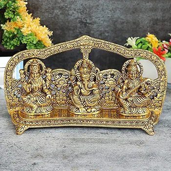 Nexplora Industries Pvt. Ltd. Metal Laxmi Ganesh Saraswati Idol, Large, Gold, 1 Piece, figures;Religious