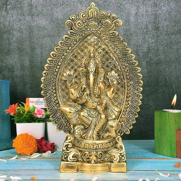 Nexplora Industries Pvt. Ltd. Metal Ganesh Idol Ganpati Sitting On Mouse Statue, Height 27 cm, Gold Antique