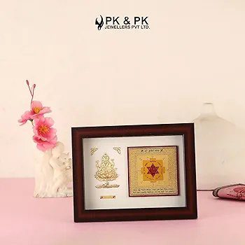 Pk & Pk Jewellers Wood Square 24KT Gold Laxmi Ji With Kuber Yantra Frame