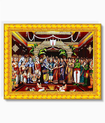 Pavan Photo Laminations Tirupati Balaji Padmavati Srinivasa Kalyanam Wall Painting Framed Home Decor (Wood,Matte,Gold,Big Size,10 x 12 Inch)