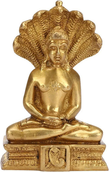Kartique Brass Lord Mahavir Jain Swami Parasnath Idol Murti Gold Mahaveer Ji Deity with Sheshnaag for Home Decor