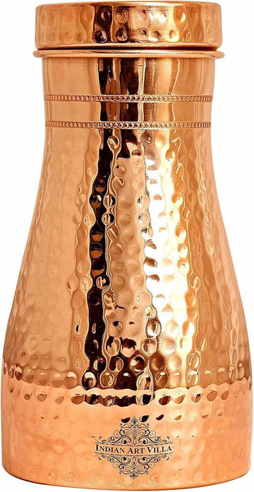 INDIAN ART VILLA Pure Copper Bedroom Water Bottle with Inbuilt Glass, Hammered Shine Design, Drinkware and Storage Purpose, 1000 ml (Pack of 1)
