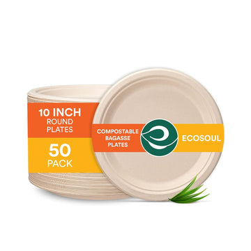 ECO SOUL 10-Inch Bagasse Plates | 50-Pack | Eco-Friendly & Biodegradable Sugarcane Plates