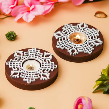 eCraftIndia Brown & White Round Handcrafted Wooden Block Print Tea Light Candle Holders