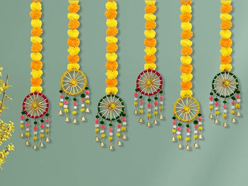 JH Gallery Marigold & Bell Hanging Toran – Pack of 6 for Decoration