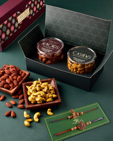 HYPERFOODS Rakhi Set Of 2 Dry Fruits Pack Rakhi Gift Hamper Rakhi With Dry Fruits Rakhi For Brother Small Pet Jar Pack Of 2 Dry Fruits Roasted Cashew Almond Balgopal Ganesha Rakhi Set Of 2