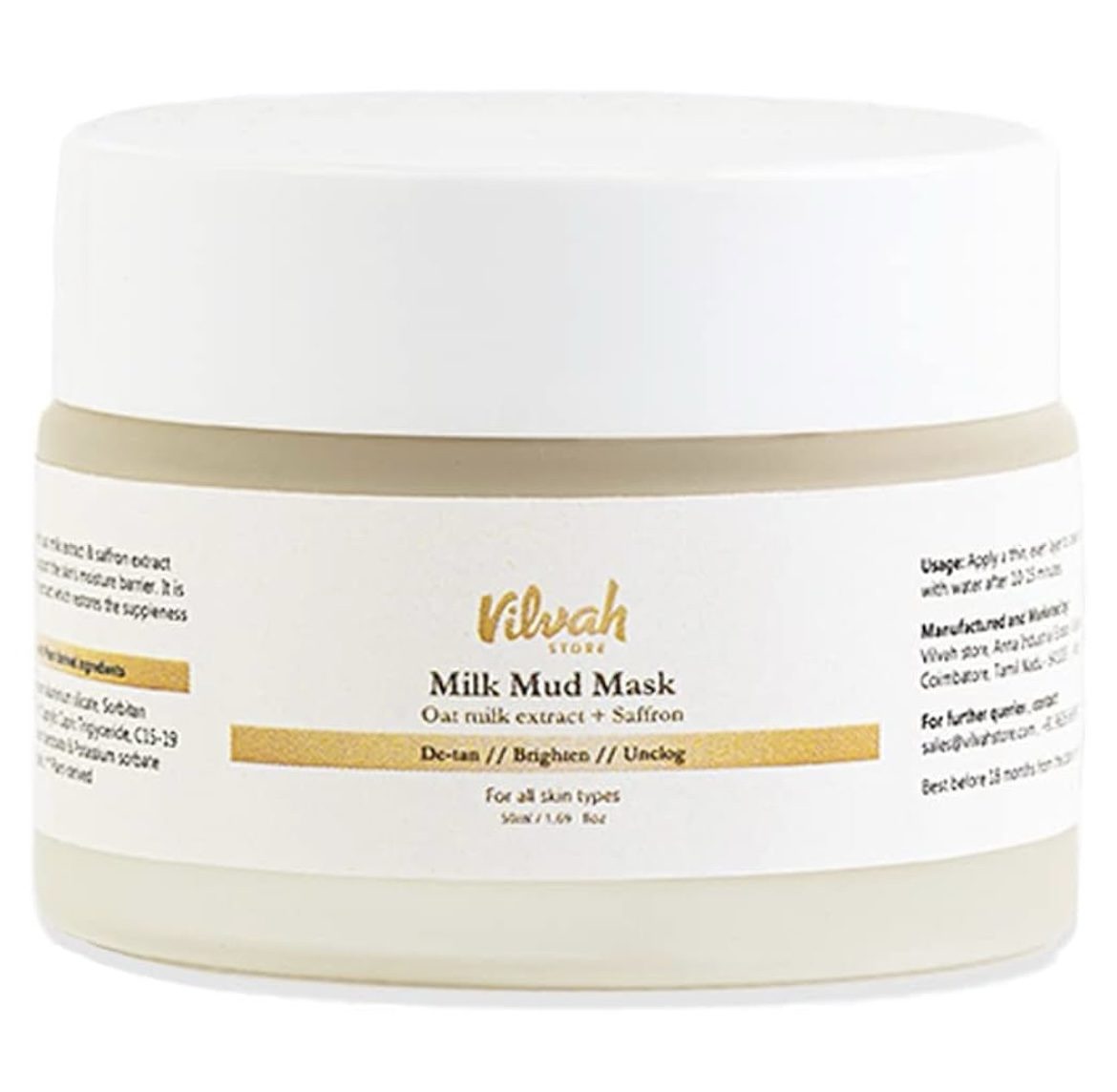 Vilvah Store Milk Mud Mask, De-Tan Pack, With Oat Milk, Saffron Extract and Kaolin Clay - 50ml