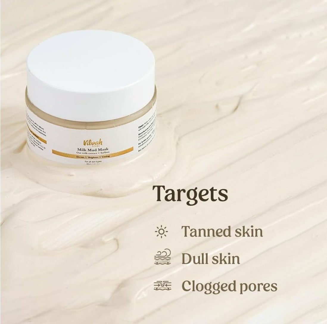 Vilvah Store Milk Mud Mask, De-Tan Pack, With Oat Milk, Saffron Extract and Kaolin Clay - 50ml