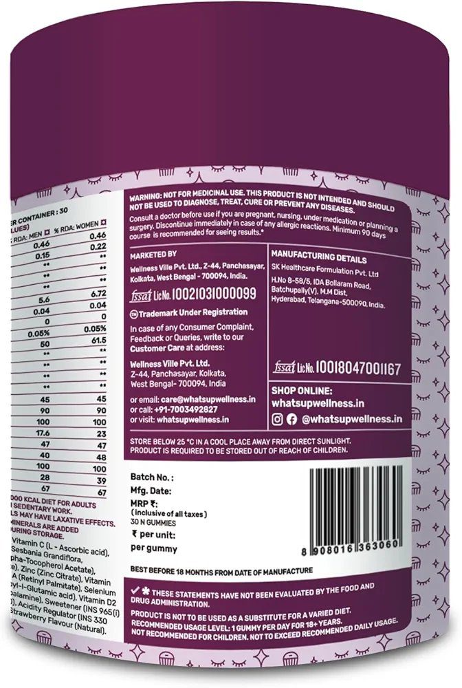 What's Up Wellness Natural Biotin Gummies for Hair Growth, Bright Skin &amp; Strong Nails | 30 Days Pack |