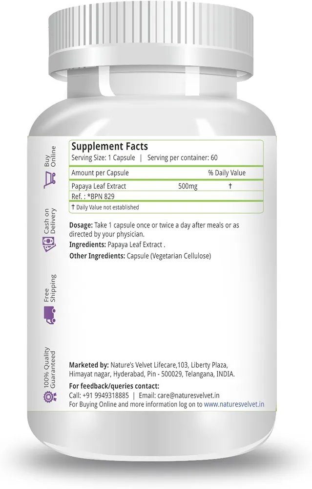 Nature's Velvet 500mg Papaya Pure extract 60 Veg Capsules