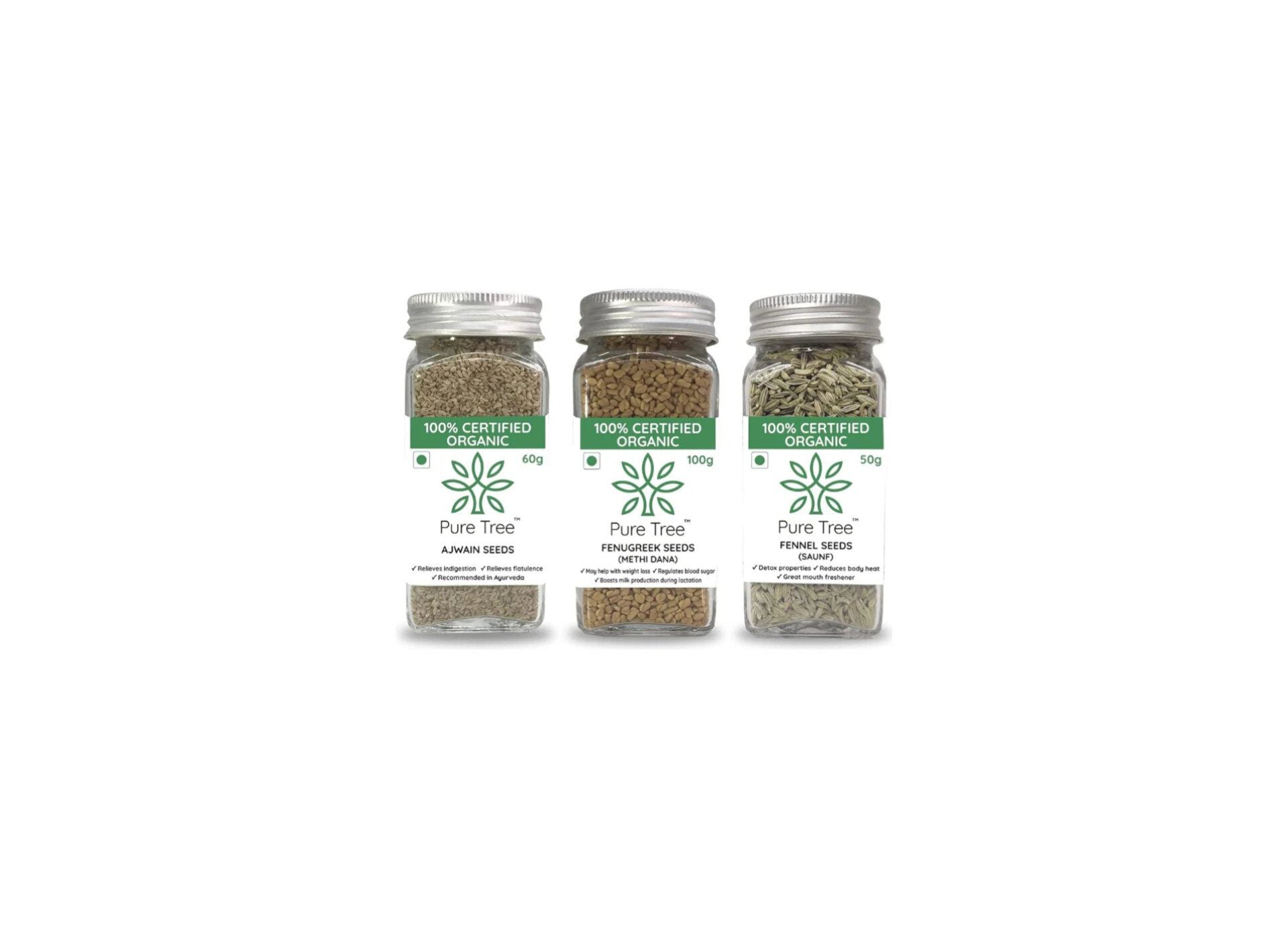 Pure Tree Certified Organic Ajwain 60g, Methi Seeds 100g, Saunf 50g |