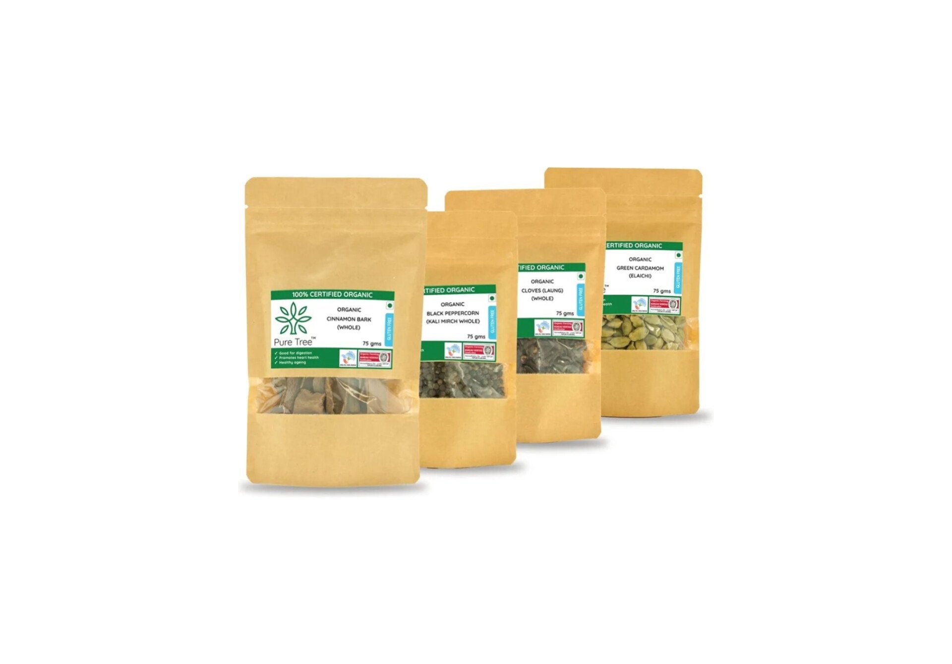 Pure Tree Certified Organic Laung Cloves, Green Cardamom Elaichi, Kali Mirch, Dalchini Cinnamon Bark | 75 g