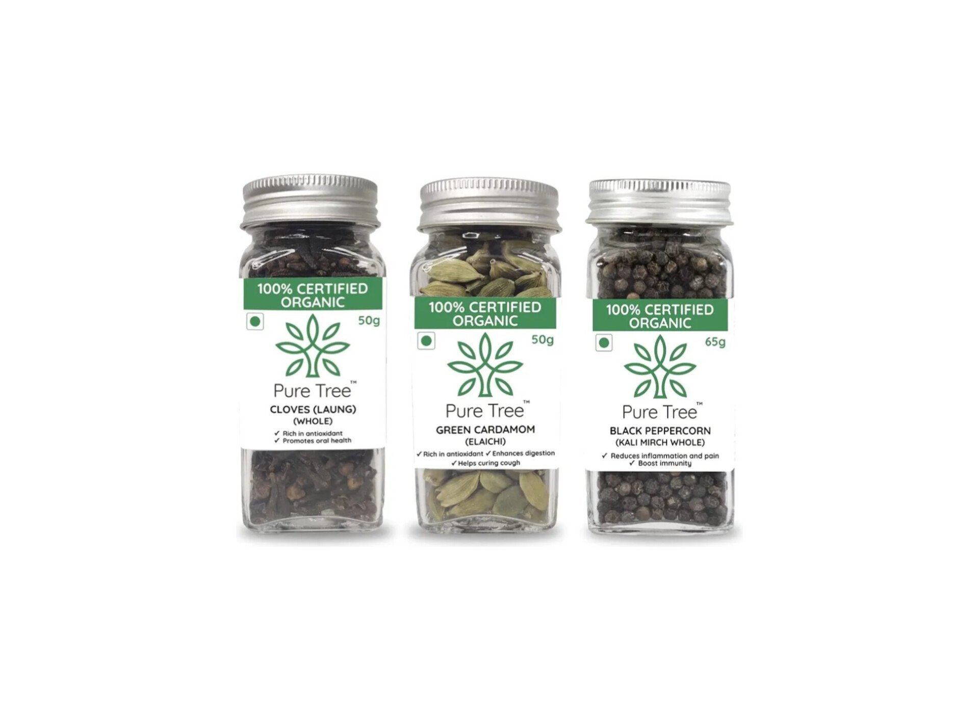 Pure Tree Certified Organic Cloves 50g, Green Cardamom 40g, Black Pepper 65g |