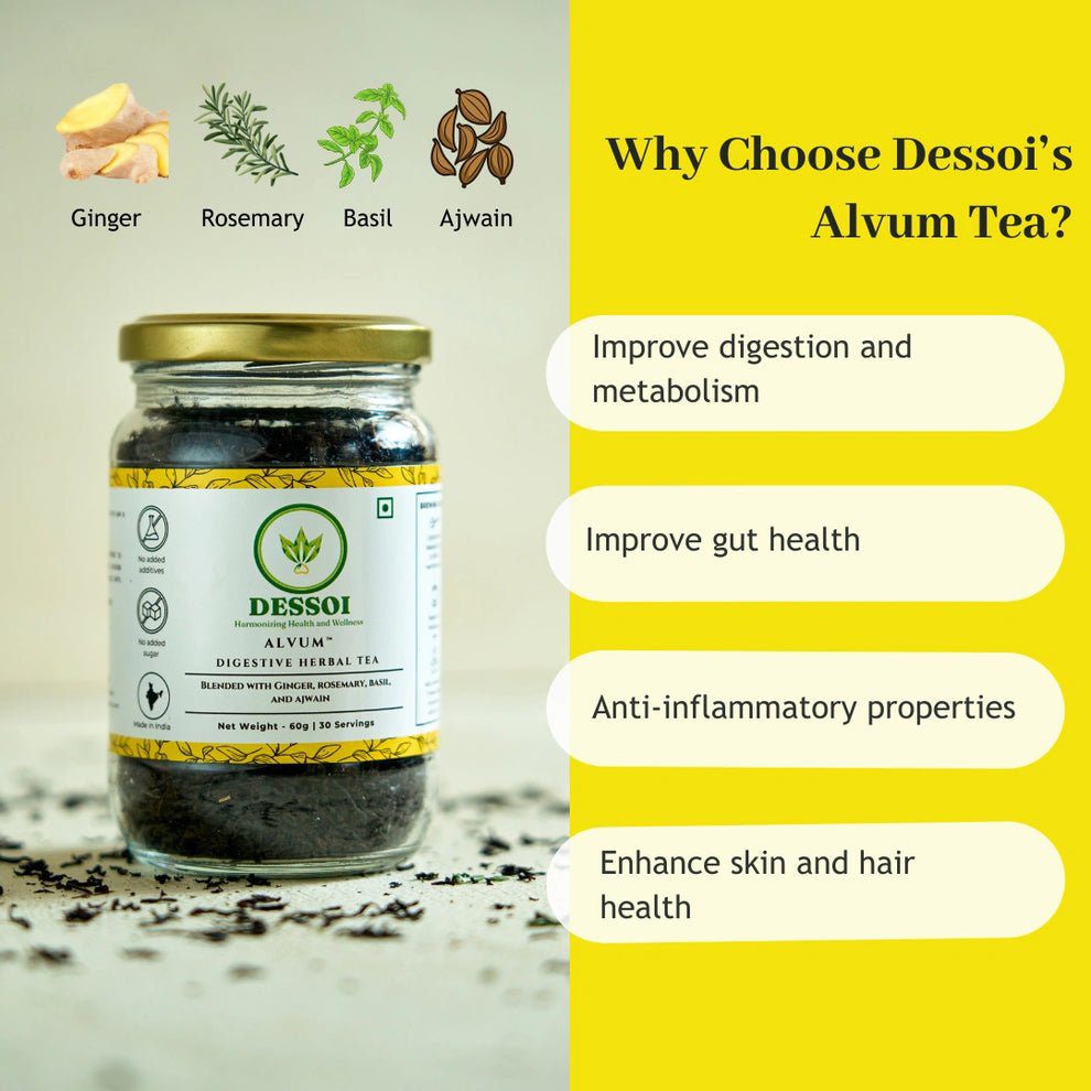 Dessoi Naturals Alvum Herbal Tea for Digestion &amp; Gut Health | With Ginger, Rosemary, Ajwain and  Basil