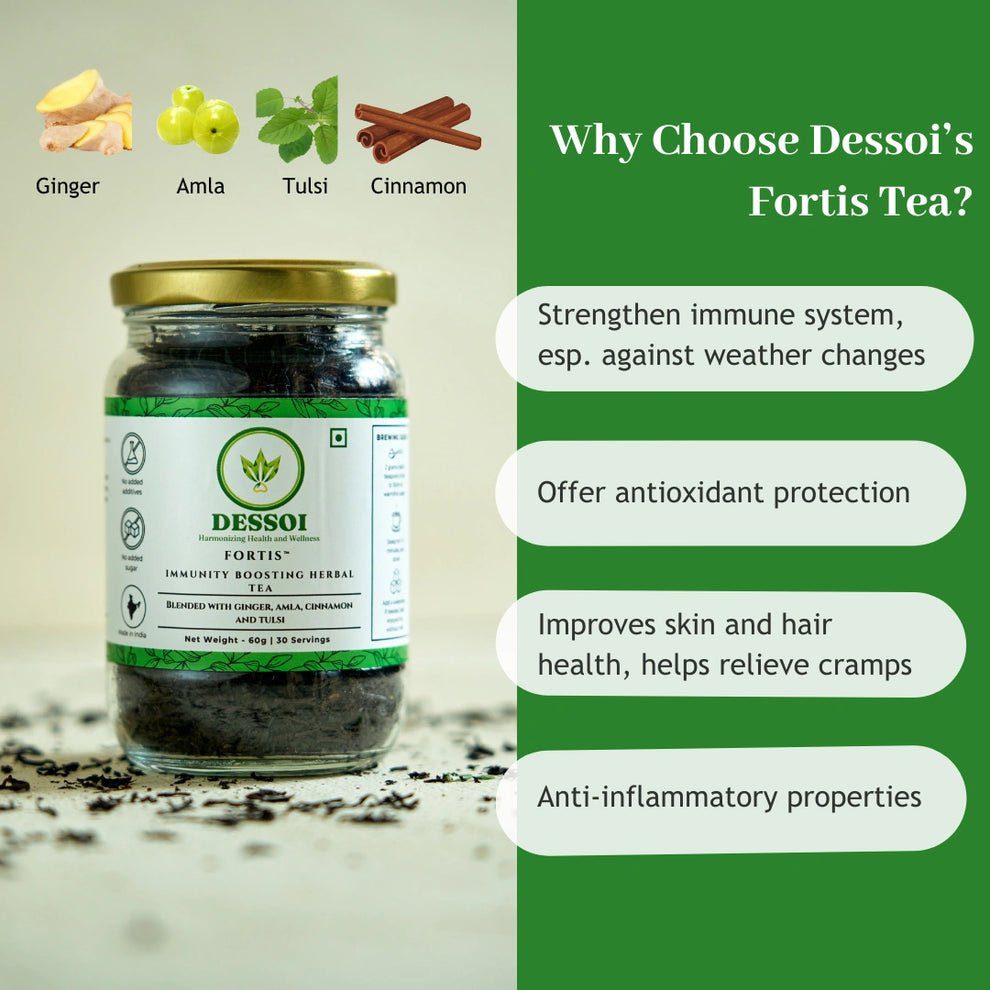 Dessoi Naturals Fortis Herbal Tea for Boosting Immunity | With Amla, Ginger, Tulsi &amp; Cinnamon