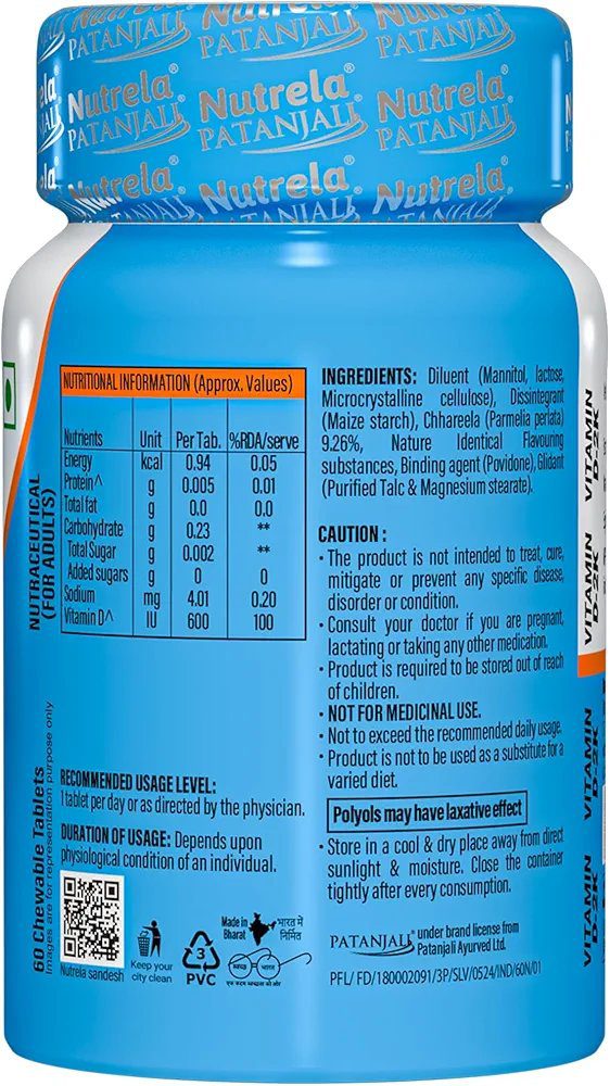 NUTRELA PATANJALI VIT D2K NATURAL TAB- VANILLA, Pack of 60 tabs