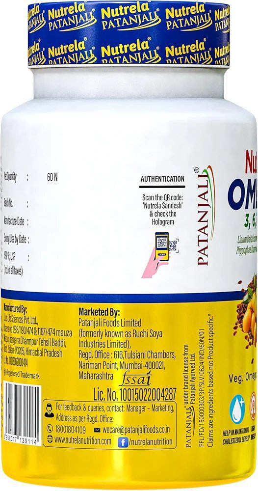 NUTRELA Patanjali 1500 mg Omega 3 6 7 9 for Men &amp; Women - 60 Veg Softgel