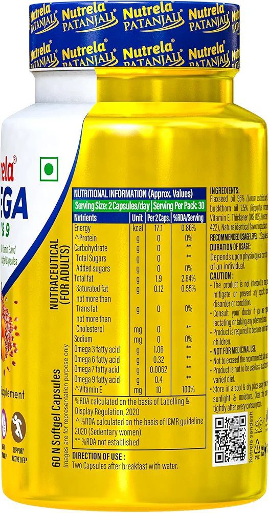 NUTRELA Patanjali 1500 mg Omega 3 6 7 9 for Men &amp; Women - 60 Veg Softgel
