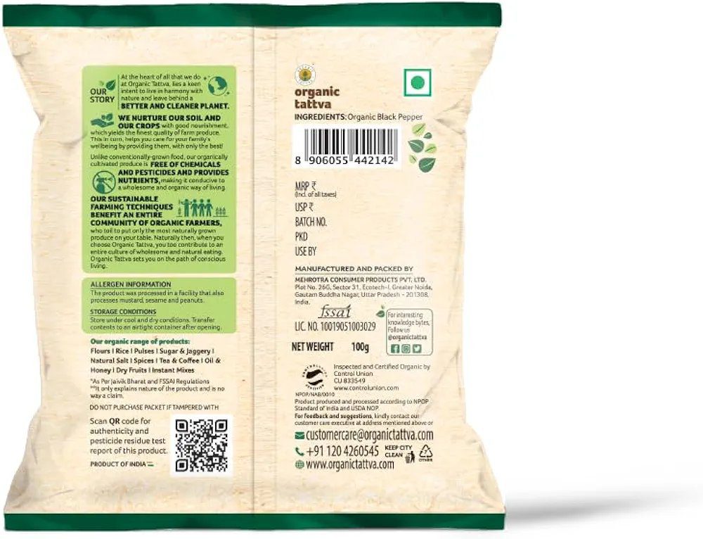 Organic Tattva, Organic Gluten Free Black Pepper/Kali Mirch - 100G |