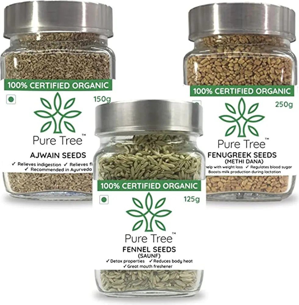 Pure Tree Certified Organic Ajwain 150g, Methi Seeds 250g, Saunf 125g |