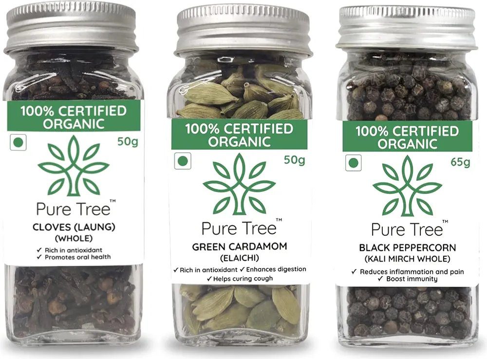 Pure Tree Certified Organic Cloves 50g, Green Cardamom 40g, Black Pepper 65g |