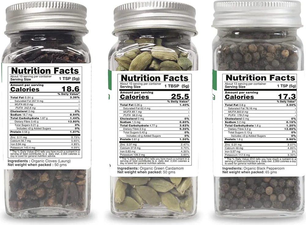 Pure Tree Certified Organic Cloves 50g, Green Cardamom 40g, Black Pepper 65g |