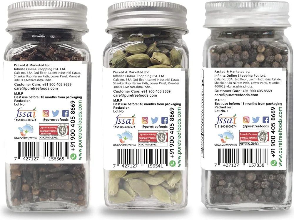 Pure Tree Certified Organic Cloves 50g, Green Cardamom 40g, Black Pepper 65g |