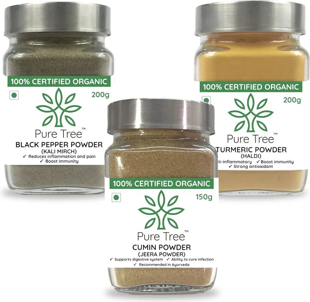 Pure Tree Certified Organic Black Pepper 200g, Turmeric 200g, Cumin Powder 150g |