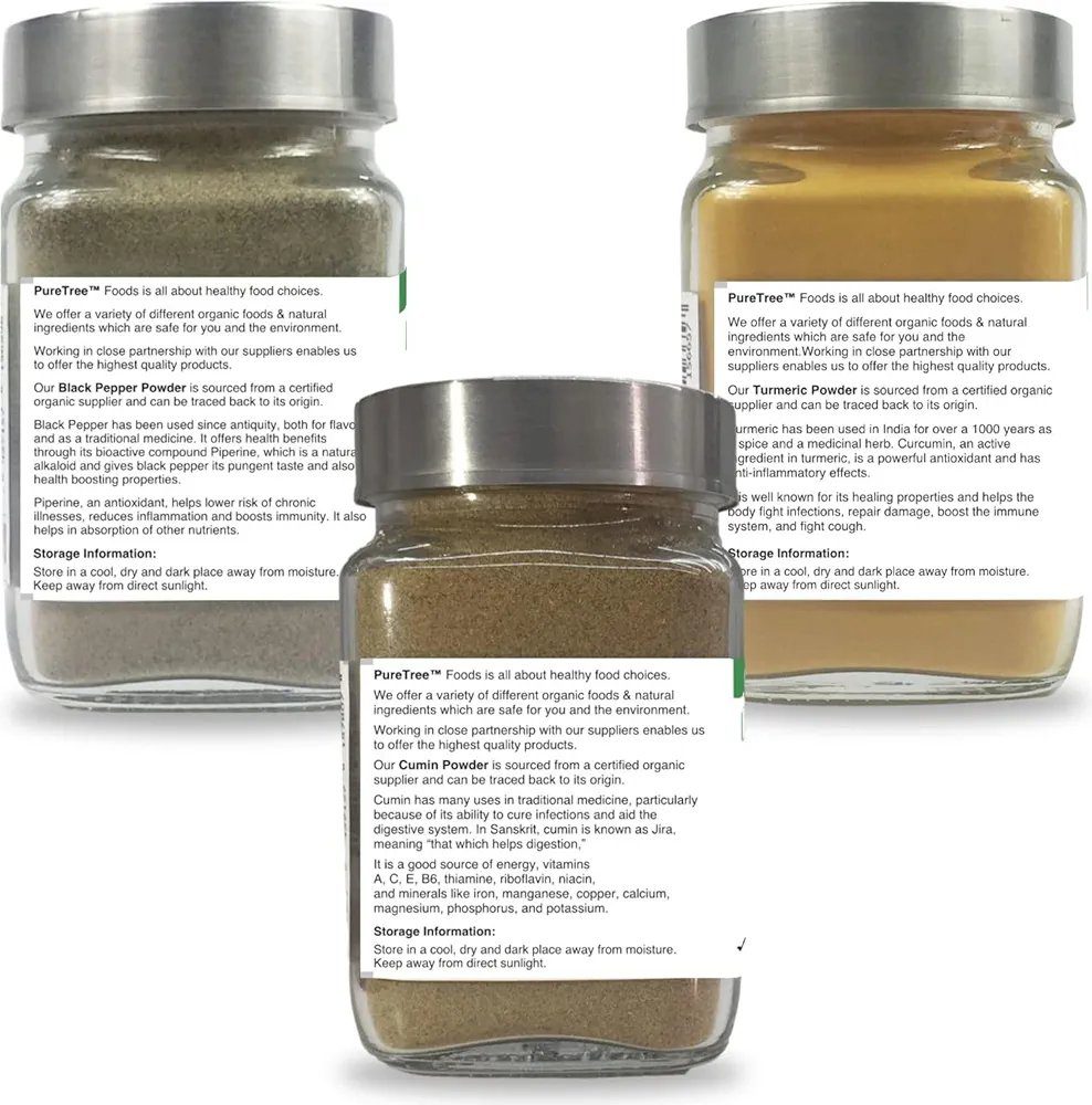 Pure Tree Certified Organic Black Pepper 200g, Turmeric 200g, Cumin Powder 150g |