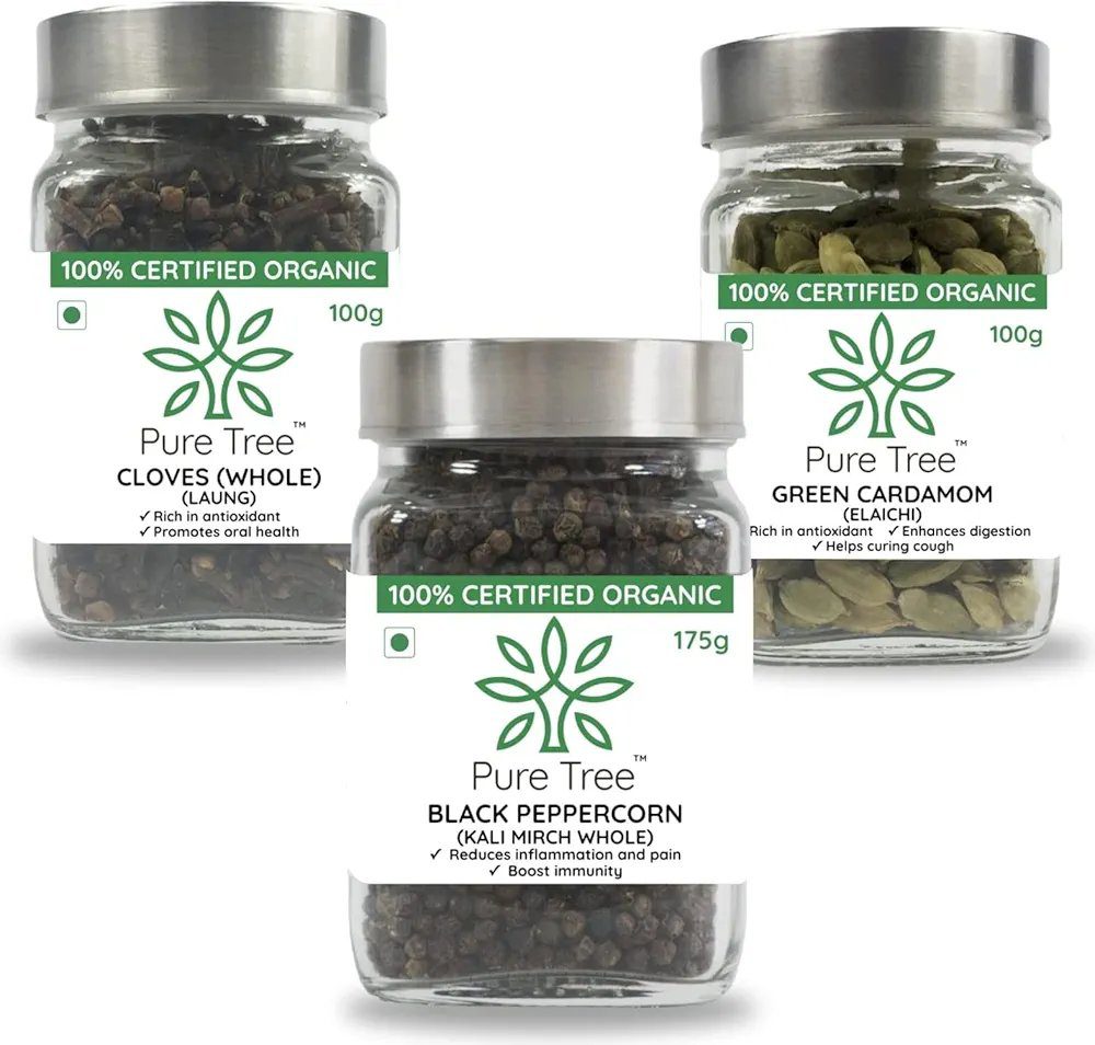 Pure Tree Certified Organic Cloves 100g, Green Cardamom 100g, Black Pepper 175g |