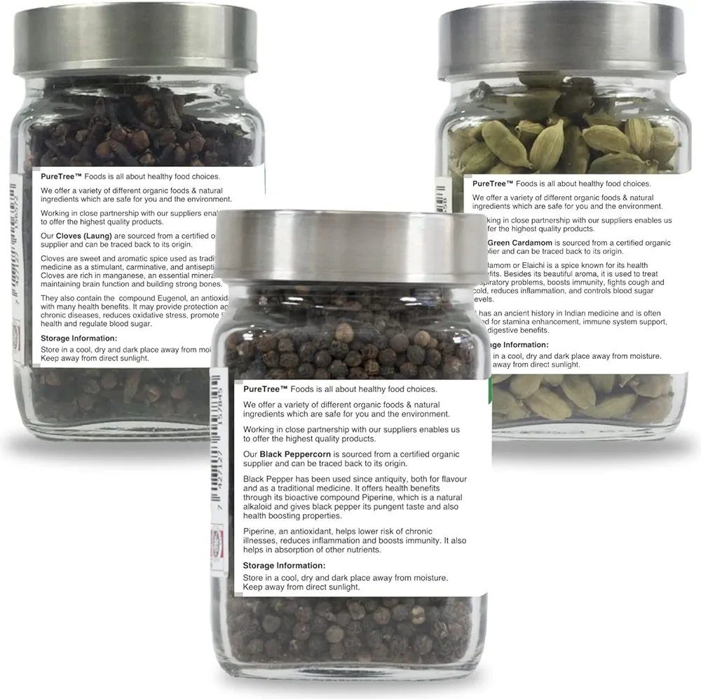 Pure Tree Certified Organic Cloves 100g, Green Cardamom 100g, Black Pepper 175g |