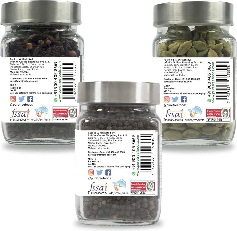 Pure Tree Certified Organic Cloves 100g, Green Cardamom 100g, Black Pepper 175g |