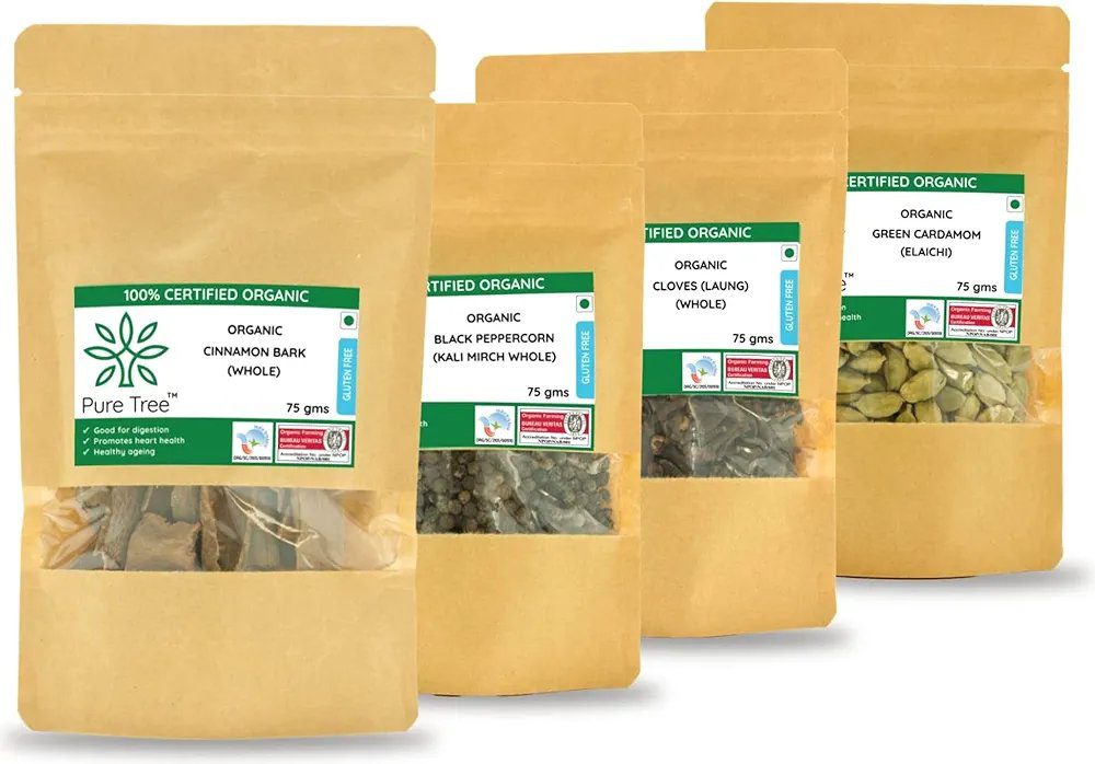 Pure Tree Certified Organic Laung Cloves, Green Cardamom Elaichi, Kali Mirch, Dalchini Cinnamon Bark | 75 g