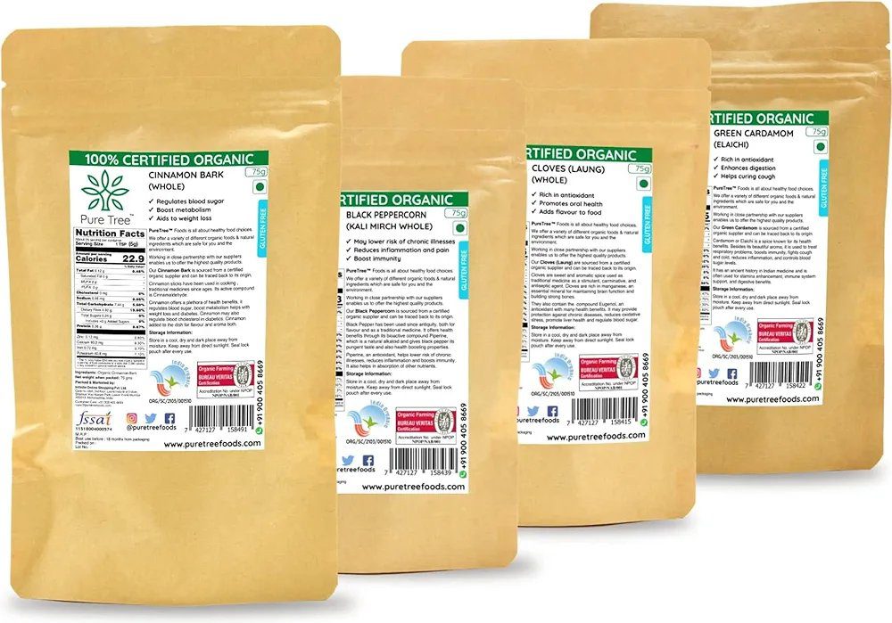 Pure Tree Certified Organic Laung Cloves, Green Cardamom Elaichi, Kali Mirch, Dalchini Cinnamon Bark | 75 g