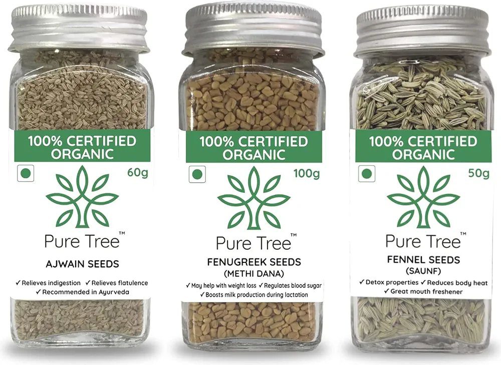 Pure Tree Certified Organic Ajwain 60g, Methi Seeds 100g, Saunf 50g |