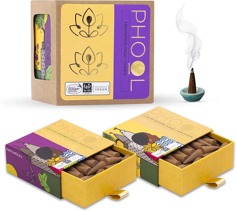 PHOOL LUXURY INCENSE Pack Of 2 Natural Incense Cones, Meditation Pack - 80 Organic Dhoop Cones