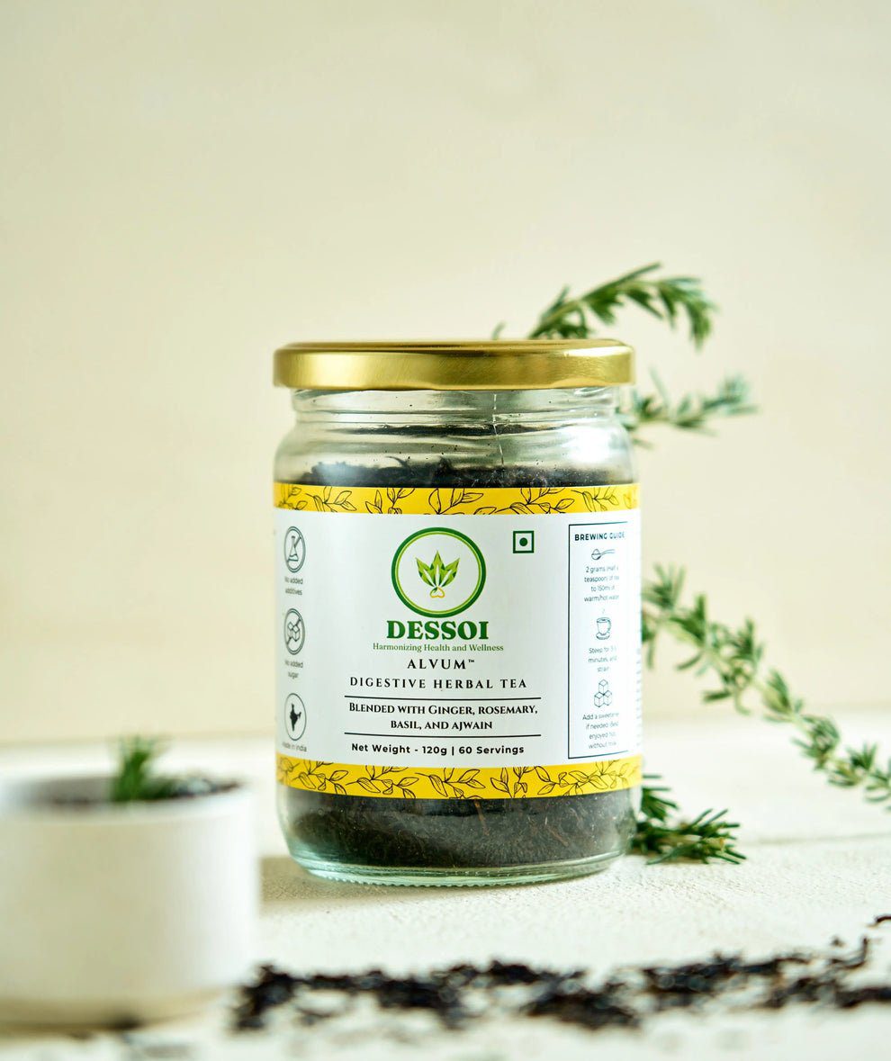 Dessoi Naturals Alvum Herbal Tea for Digestion &amp; Gut Health | With Ginger, Rosemary, Ajwain and  Basil