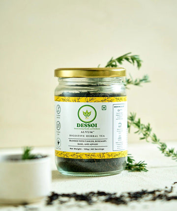 Dessoi Naturals Alvum Herbal Tea for Digestion &amp; Gut Health | With Ginger, Rosemary, Ajwain and  Basil