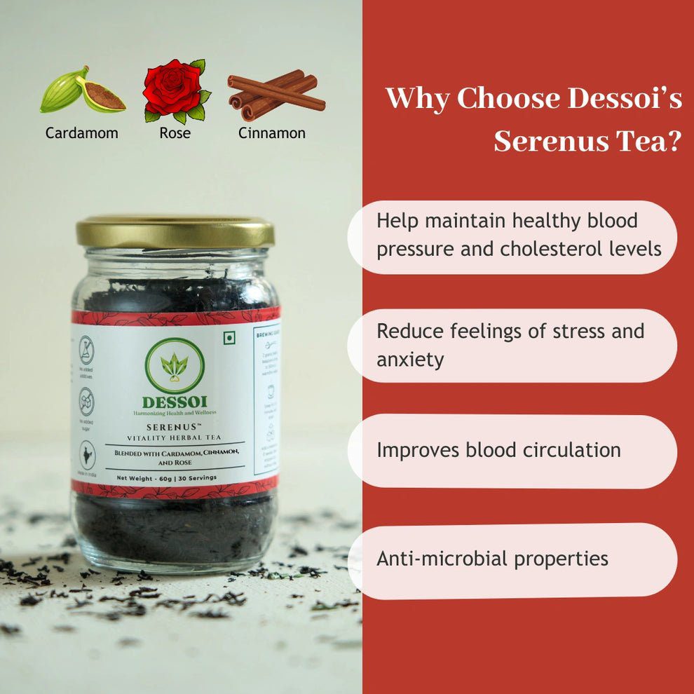 Dessoi Naturals Serenus Herbal Tea for Heart Health &amp; Stress Management | With Cardamom, Cinnamon and Rose
