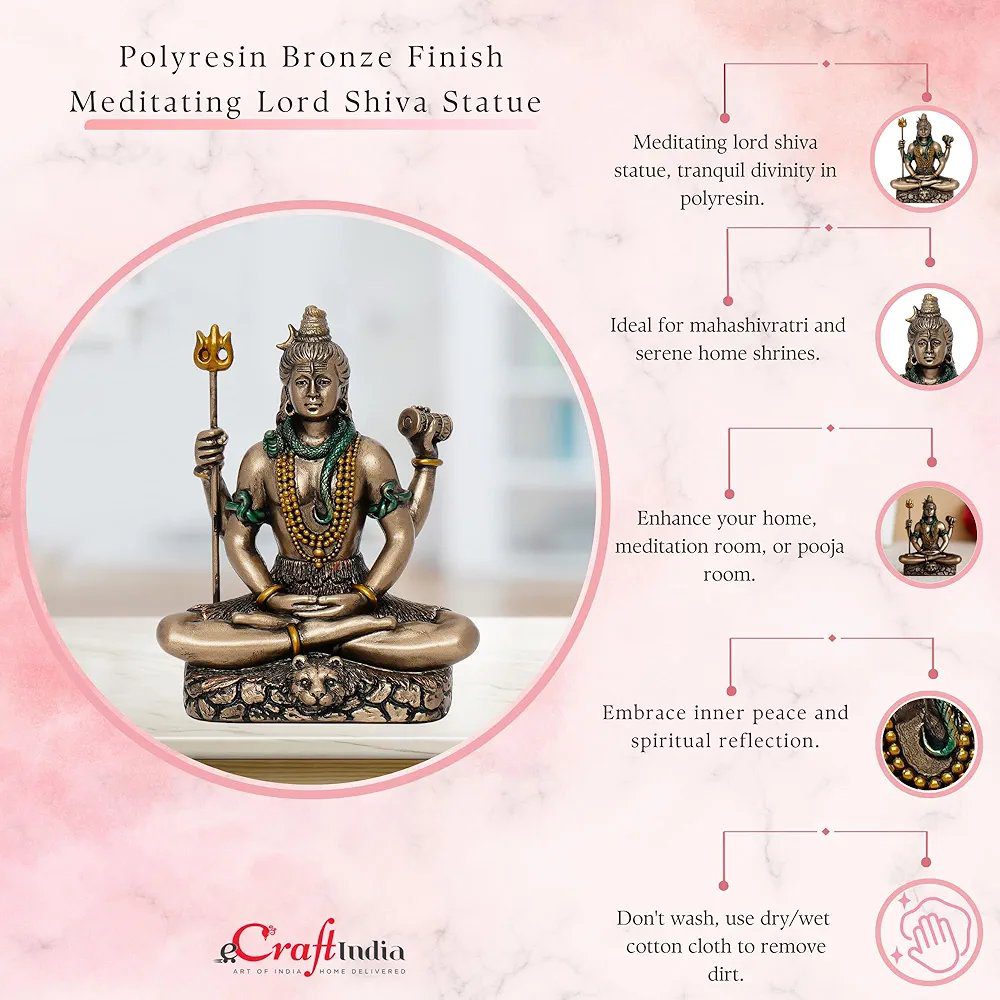 eCraftIndia Brown Resin Meditating Lord Shiva Statue | Lord Shiva Idol for Home Decor Pooja Room Office Car Dashboard |