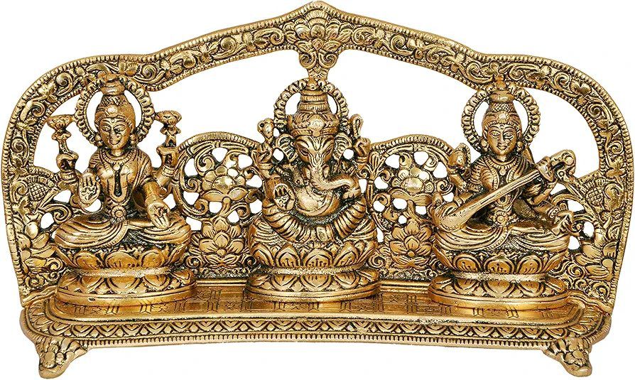Nexplora Industries Pvt. Ltd. Metal Laxmi Ganesh Saraswati Idol, Large, Gold, 1 Piece, figures;Religious