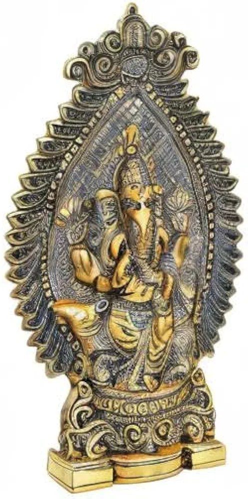 Nexplora Industries Pvt. Ltd. Metal Ganesh Idol Ganpati Sitting On Mouse Statue, Height 27 cm, Gold Antique