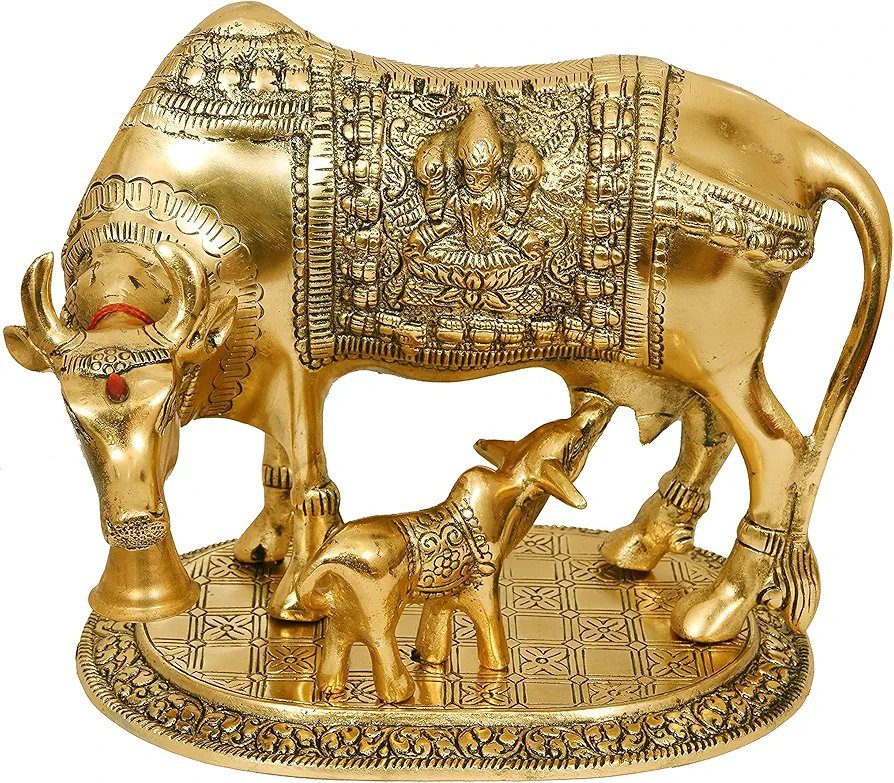 Nexplora Industries Pvt. Ltd. Metal Large Gold Elegant Kamdhenu Cow and Calf Idol Showpiece, Length 22 cm, Gold Antique, 1 Piece