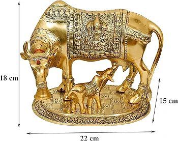 Nexplora Industries Pvt. Ltd. Metal Large Gold Elegant Kamdhenu Cow and Calf Idol Showpiece, Length 22 cm, Gold Antique, 1 Piece