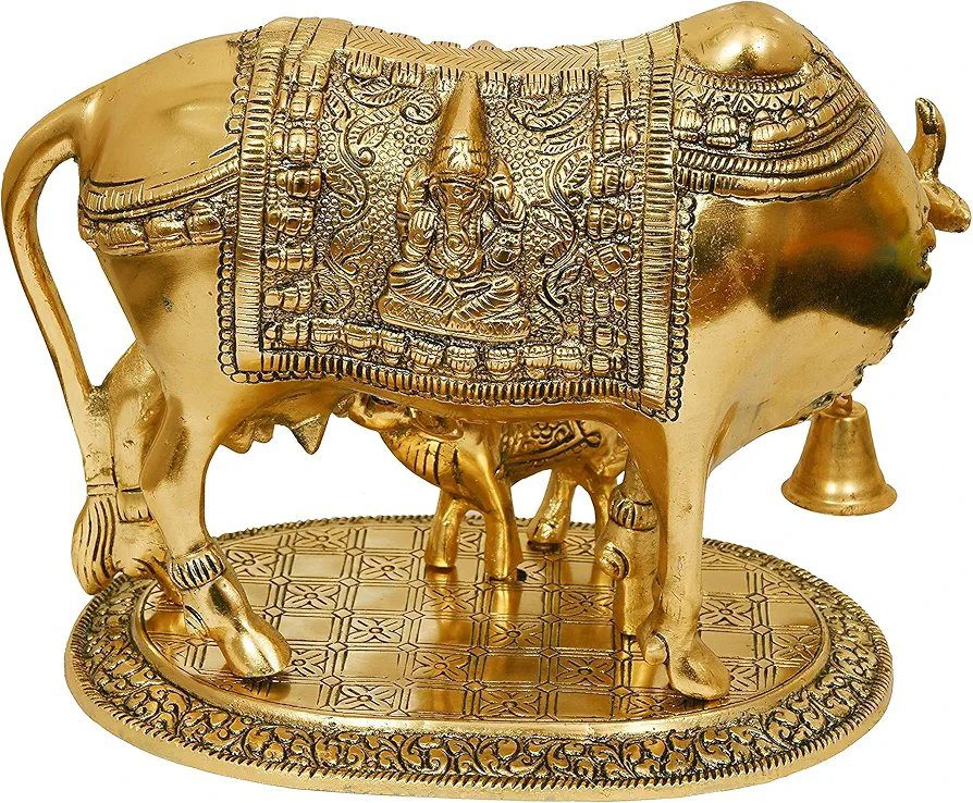 Nexplora Industries Pvt. Ltd. Metal Large Gold Elegant Kamdhenu Cow and Calf Idol Showpiece, Length 22 cm, Gold Antique, 1 Piece