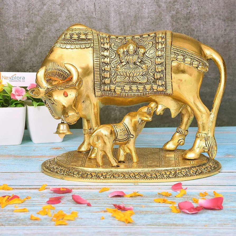 Nexplora Industries Pvt. Ltd. Metal Large Gold Elegant Kamdhenu Cow and Calf Idol Showpiece, Length 22 cm, Gold Antique, 1 Piece